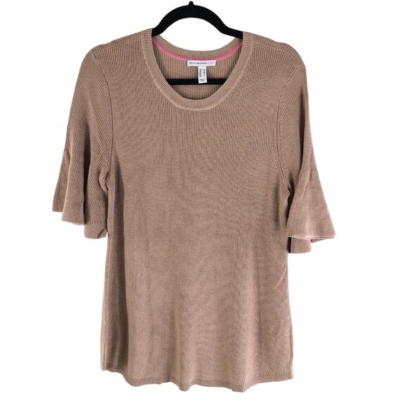 Isaac Mizrahi Live! Womens Sweater Short Sleeve Ruffle Ribbed Knit Brown M - Picture 1 of 5